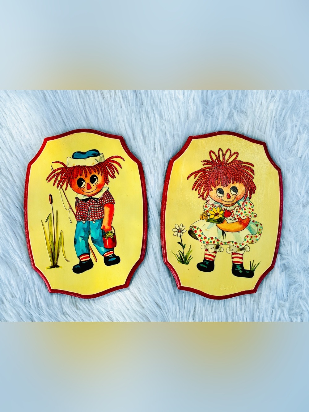 Rare Vintage Set Of 1970s Raggedy Ann & Andy Solid Wood Nursery Wall Plaques